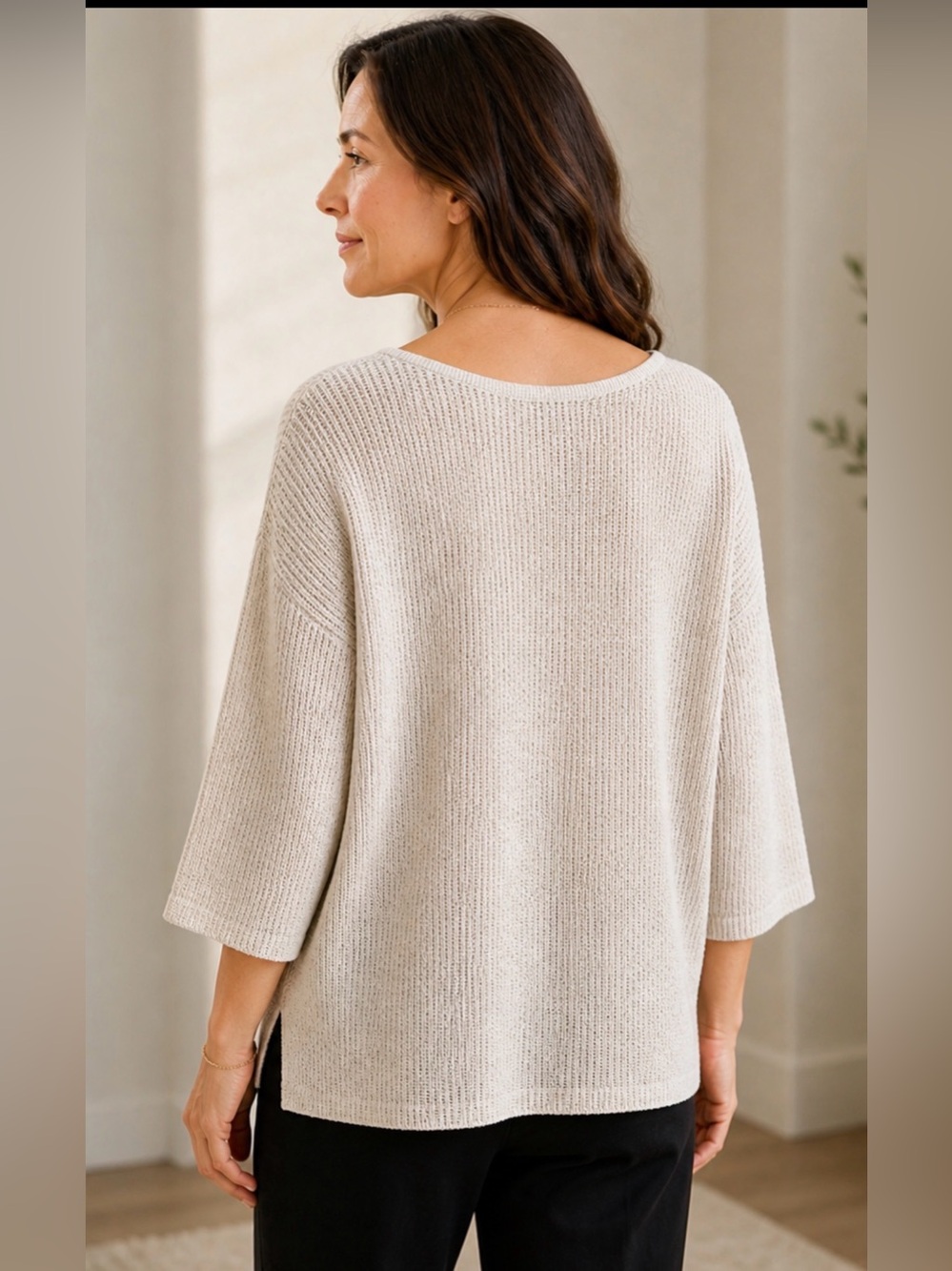 Eileen Fisher Sheer Hemp Shimmer Top XL Bone Bateau Neck Rib Knit NWT Ret. $248 - Picture 2 of 6